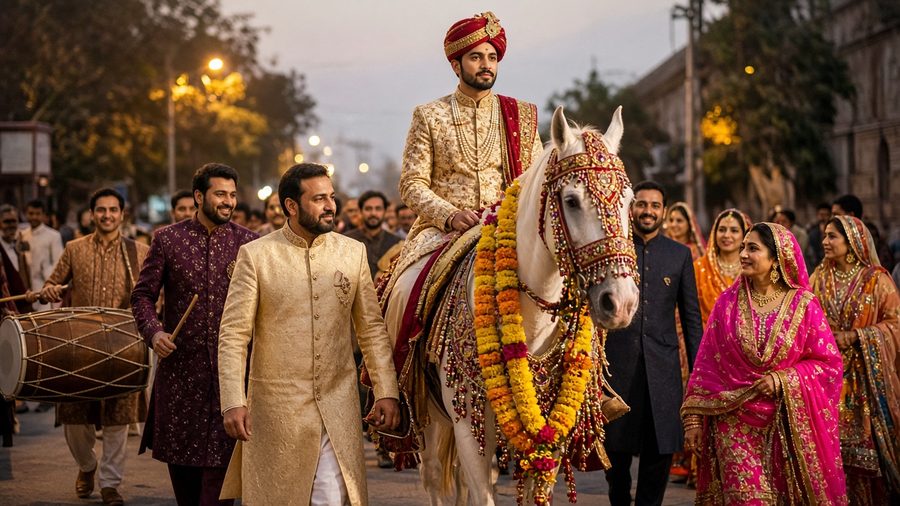 A Pakistani wedding Baraat procession with marigold garlands